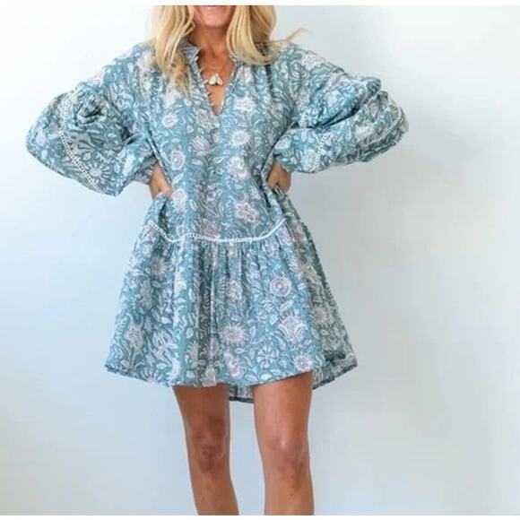 Marea Dresses & Skirts - Marea The Apres Beach Long Sleeve Cotton Mini Dress in Blue Hibiscus XS / S
